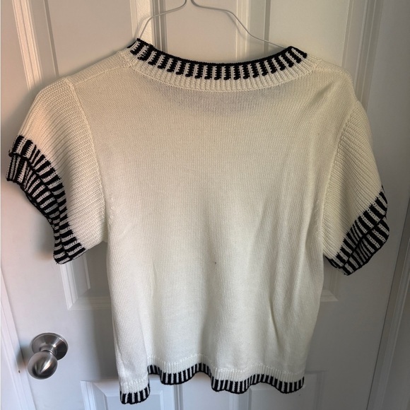 Striped Trim Ruffle White Sweater Blouse Women’s Large Preppy Elegant Girly - Picture 4 of 4